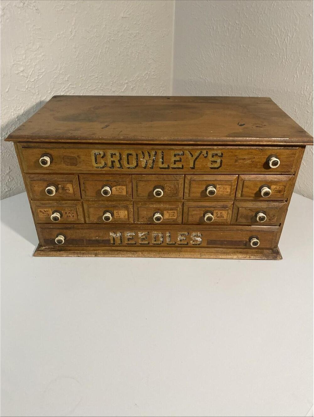 Vintage Crowley’s Needles Wood Cabinet - Antique 12 Drawer Cabinet